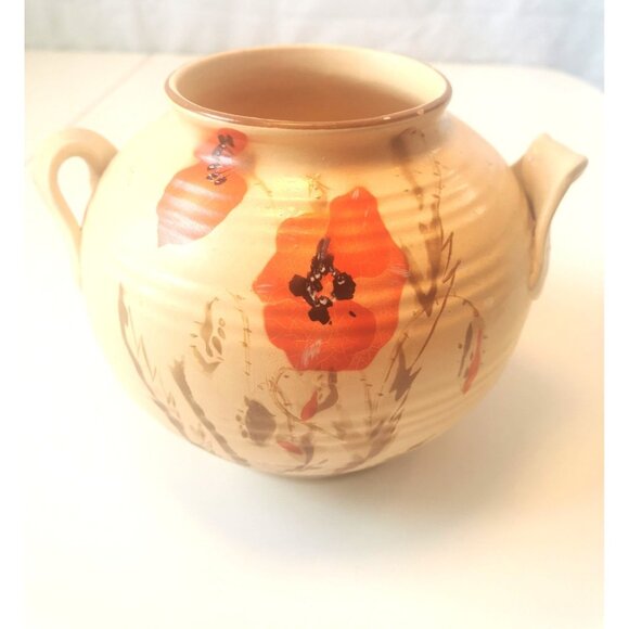 Ceramic Poppy Vase Wide Scroll Handles Art Deco Circa 1940s Floral Pottery - Picture 2 of 11